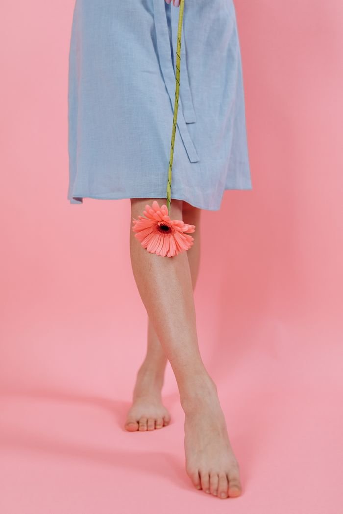 Artistic shot of a barefoot model in blue dress holding a pink gerbera on a pink background.